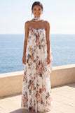 A-Line Sweetheart Ivory Chiffon Pleated Maxi Floral Dress with Neck Scarf