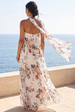 A-Line Sweetheart Ivory Chiffon Pleated Maxi Floral Dress with Neck Scarf