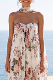 A-Line Sweetheart Ivory Chiffon Pleated Maxi Floral Dress with Neck Scarf
