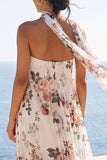 A-Line Sweetheart Ivory Chiffon Pleated Maxi Floral Dress with Neck Scarf