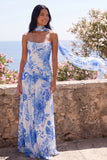 Blue Flower A-Line Strapless Chiffon Maxi Dress with Neck Scarf