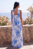 Blue Flower A-Line Strapless Chiffon Maxi Dress with Neck Scarf