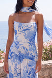 Blue Flower A-Line Strapless Chiffon Maxi Dress with Neck Scarf