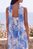 Blue Flower A-Line Strapless Chiffon Maxi Dress with Neck Scarf