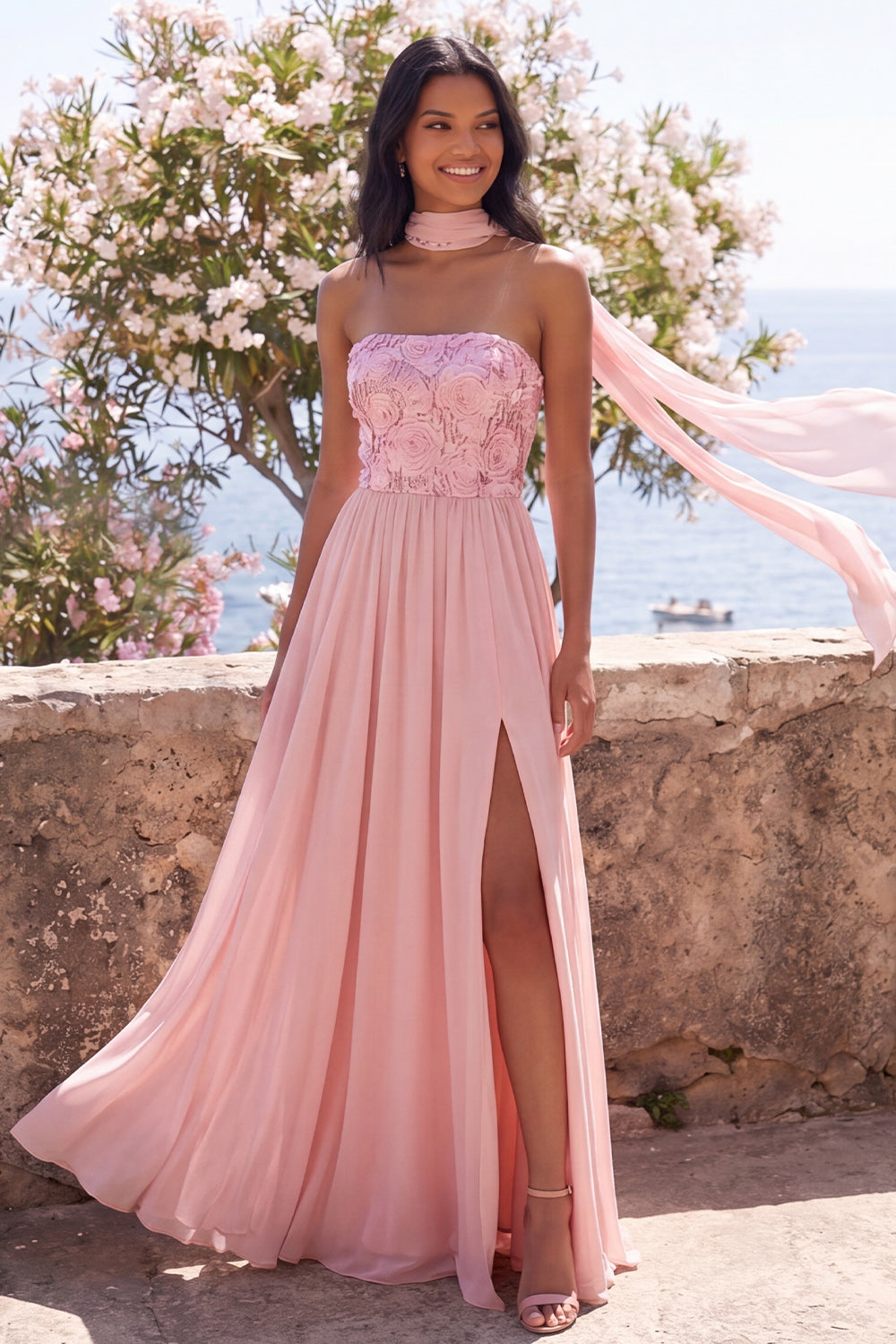 Zapaka Women Pink Maxi Floral Dress with Slit A-Line Strapless Chiffon Wedding Guest Dress, Pink / US12