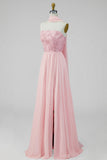 A-Line Strapless Pink Chiffon Maxi Floral Dress with Slit
