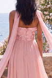 A-Line Strapless Pink Chiffon Maxi Floral Dress with Slit