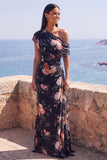 One Shoulder Black Mermaid Floral Ruched Chiffon Long Formal Dress