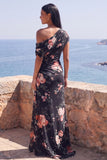 One Shoulder Black Mermaid Floral Ruched Chiffon Long Formal Dress
