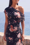One Shoulder Black Mermaid Floral Ruched Chiffon Long Formal Dress