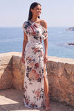 One Shoulder Black Mermaid Floral Ruched Chiffon Long Formal Dress