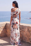 One Shoulder Black Mermaid Floral Ruched Chiffon Long Formal Dress