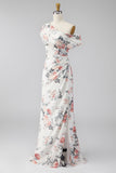 One Shoulder Black Mermaid Floral Ruched Chiffon Long Formal Dress