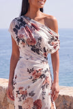 One Shoulder Black Mermaid Floral Ruched Chiffon Long Formal Dress