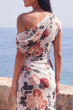 One Shoulder Black Mermaid Floral Ruched Chiffon Long Formal Dress