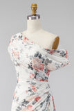 One Shoulder Black Mermaid Floral Ruched Chiffon Long Formal Dress