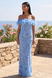 Mermaid Blue Off the Shoulder Ruffled Maxi Floral Dress with Appliques