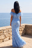 Mermaid Blue Off the Shoulder Ruffled Maxi Floral Dress with Appliques