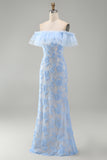 Mermaid Blue Off the Shoulder Ruffled Maxi Floral Dress with Appliques
