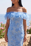 Mermaid Blue Off the Shoulder Ruffled Maxi Floral Dress with Appliques