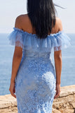 Mermaid Blue Off the Shoulder Ruffled Maxi Floral Dress with Appliques