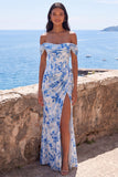 Mermaid Blue Flower Chiffon Off the Shoulder Ruched Maxi Dress with Slit