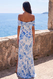 Mermaid Blue Flower Chiffon Off the Shoulder Ruched Maxi Dress with Slit