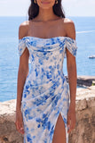 Mermaid Blue Flower Chiffon Off the Shoulder Ruched Maxi Dress with Slit