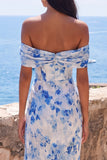 Mermaid Blue Flower Chiffon Off the Shoulder Ruched Maxi Dress with Slit