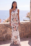 Mermaid Ivory One Shoulder Chiffon Ruched Floral Maxi Dress