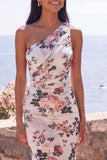Mermaid Ivory One Shoulder Chiffon Ruched Floral Maxi Dress