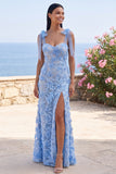 Mermaid Blue Appliqued Floral Maxi Dress with Bow