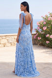 Mermaid Blue Appliqued Floral Maxi Dress with Bow