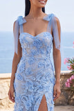 Mermaid Blue Appliqued Floral Maxi Dress with Bow