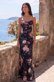 Black Mermaid Floral Ruched Spaghetti Straps Chiffon Long Formal Dress