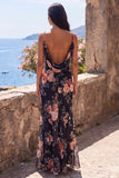 Black Mermaid Floral Ruched Spaghetti Straps Chiffon Long Formal Dress