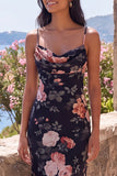 Black Mermaid Floral Ruched Spaghetti Straps Chiffon Long Formal Dress