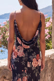 Black Mermaid Floral Ruched Spaghetti Straps Chiffon Long Formal Dress
