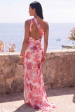 Pink Mermaid One Shoulder Chiffon Floral Maxi Dress