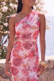 Pink Mermaid One Shoulder Chiffon Floral Maxi Dress
