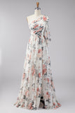 Ivory A-Line One Shoulder Chiffon Ruched Floral Maxi Dress with Slit