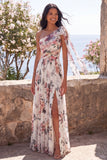 Ivory A-Line One Shoulder Chiffon Ruched Floral Maxi Dress with Slit