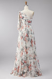 Ivory A-Line One Shoulder Chiffon Ruched Floral Maxi Dress with Slit
