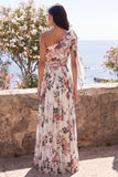 Ivory A-Line One Shoulder Chiffon Ruched Floral Maxi Dress with Slit