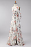 Ivory A-Line One Shoulder Chiffon Ruched Floral Maxi Dress with Slit