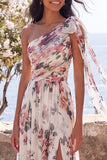 Ivory A-Line One Shoulder Chiffon Ruched Floral Maxi Dress with Slit