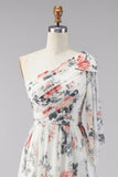 Ivory A-Line One Shoulder Chiffon Ruched Floral Maxi Dress with Slit