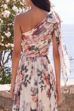 Ivory A-Line One Shoulder Chiffon Ruched Floral Maxi Dress with Slit