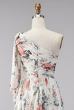 Ivory A-Line One Shoulder Chiffon Ruched Floral Maxi Dress with Slit
