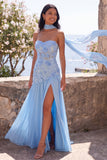 Chiffon Blue A-Line Sweetheart Floral Maxi Dress with Slit